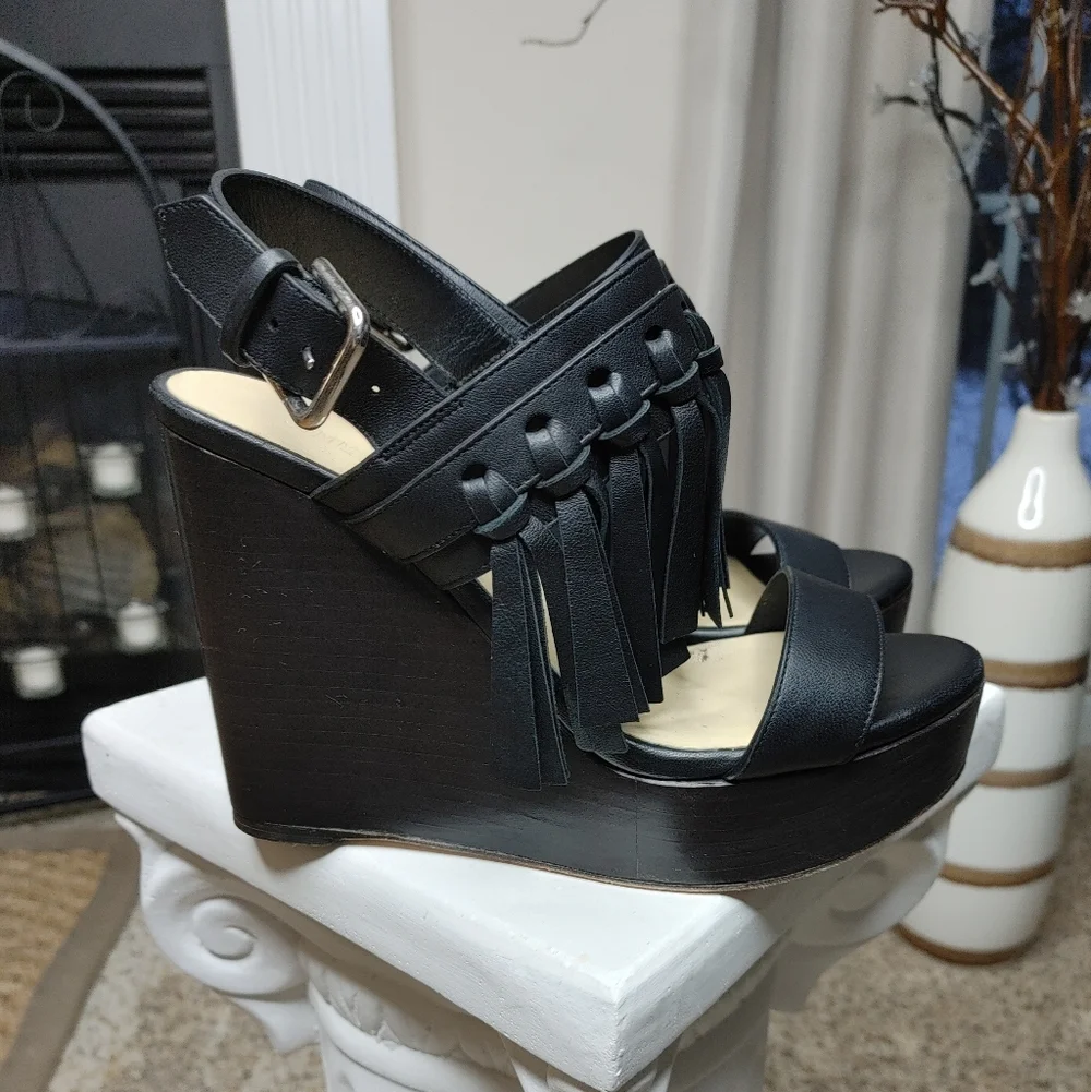 JIMMY CHOO NYA 120 FRINGE WEDGE SANDAL, BLACK 38 - Picture 1 of 14